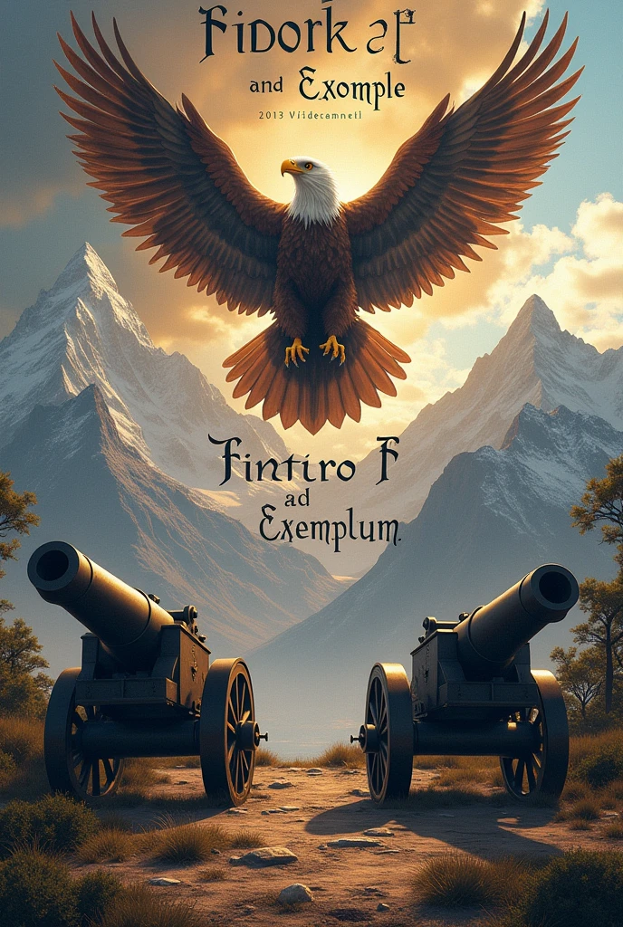 Create a banner with a condor, two cannons, othomelara mountain and the phrase faith and example in Latin 