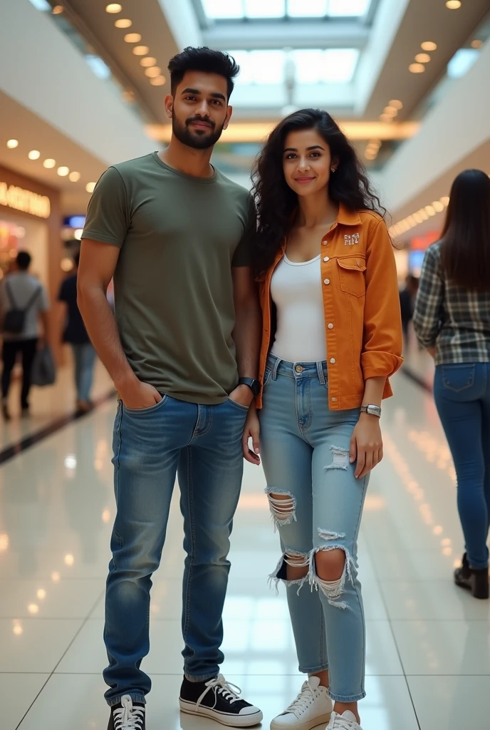 A boy age 27 south India from andhrapradesh wear jeans and t-shirt dusky skin and there was a girl age 25 north India from mumbai looks very modern she wears western dress looks very beautiful and active. Both are went to shopping in a mall and employee showing clothes.