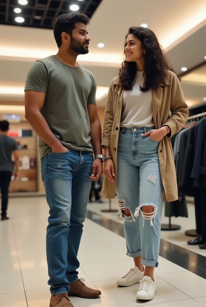 A boy age 27 south India from andhrapradesh wear jeans and t-shirt dusky skin and there was a girl age 25 north India from mumbai looks very modern she wears western dress looks very beautiful and active. Both are went to shopping in a mall and employee showing clothes.