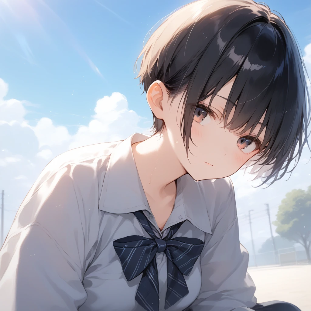 score_9, score_8_up, score_7_up, source_anime, best quality, masterpiece, official art, absurdres, highres, ultra-detailed,waifu2x,Collection: Pixiv 1000,break,1girl, school girl, very short hair, pixie cut, medium breasts, slender, thighs, beautiful detailed eyes, expressionless, sweat, sleepily, (disgust:0.3), pov, school, outdoors, break,(clear line illustration:1.2), super detailed skin, shiny skin, very high resolution, very aesthetic, Best sexual lighting powered by famous artist, 4k, 8k, 16k, cute picture, beauty illustration,photoshop_(medium),,(Detailed Lighting),best anime 8k konachan wallpaper, pixiv contest winner,