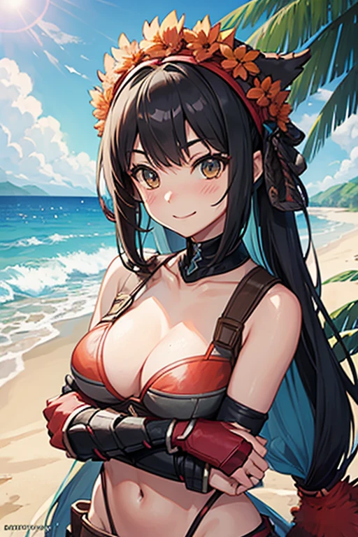 ((monsterhunter)), looking the viewer, solo, girl, shy, red cheek, bashful, long hair, embarrassed, smiling, happy, perfect face, beautiful eye, upper body, (summer beach), (bikini),