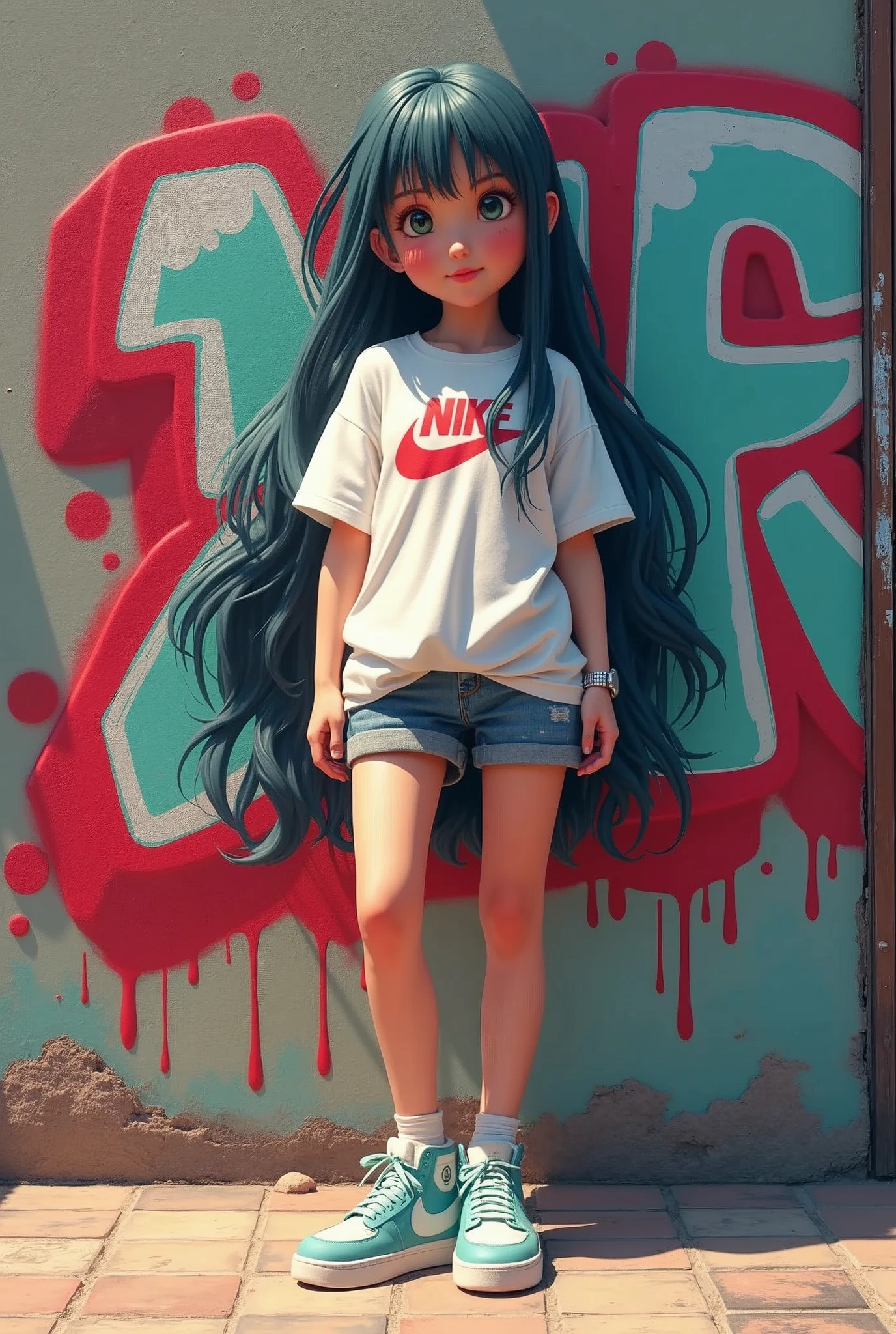 (masterpiece:1.2,Highest quality,High resolution),(Super detailed),8k,wallpaper,(Best illustrations,Anime Style),1 female,dancer,Beautiful Face,front,Are standing,Detailed hands,((The background is a wall with pop graffiti.)),spats,Pop T-shirt,sneakers,(Isometric 3D Diorama:1.5),Matte Paint,Gentle lighting