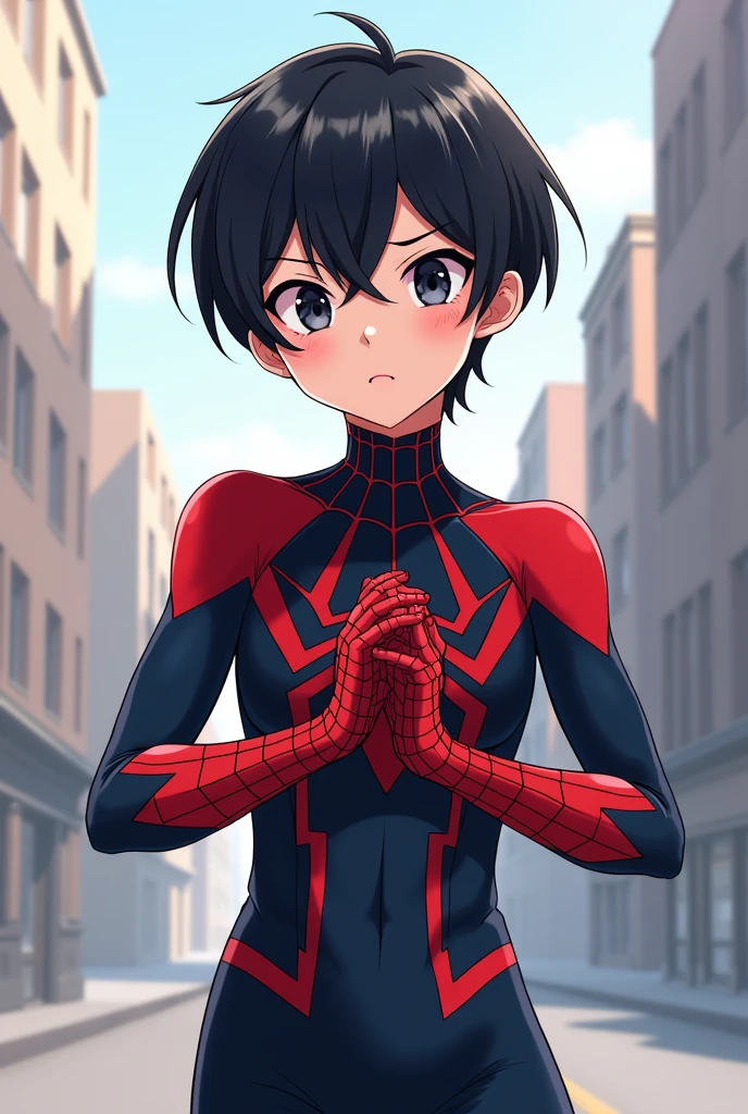 Anime feminino boy with black hair and black eyes Embarrassed with spidergwen suit