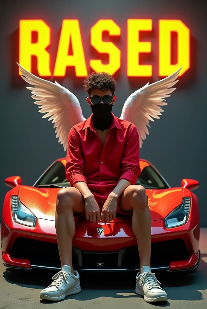 create a realistic profile picture where a 18year old boy attitude BOY in a red dress and sunglasses sitting casually on a wingback Bangladesh flag color Super car, wearing sneakers, with black mask, and sunglasses, be looks ahead, the background features Rased in big and capital in yellow neon font on the dark grey wall, there should not be his shodow, and there are wings to make it appear as if be is an angel