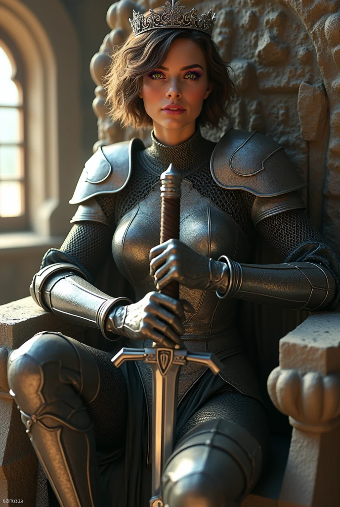 (photorealism:1.2), A pretty woman, sitting on a large, rough, stone throne, armor mesh, posing holding a sword, short wavy hair and deep purple, green eyes, deep purple eyebrows, warm skin, elegant silver crown, inside a castle, with sunlight streaming through a window