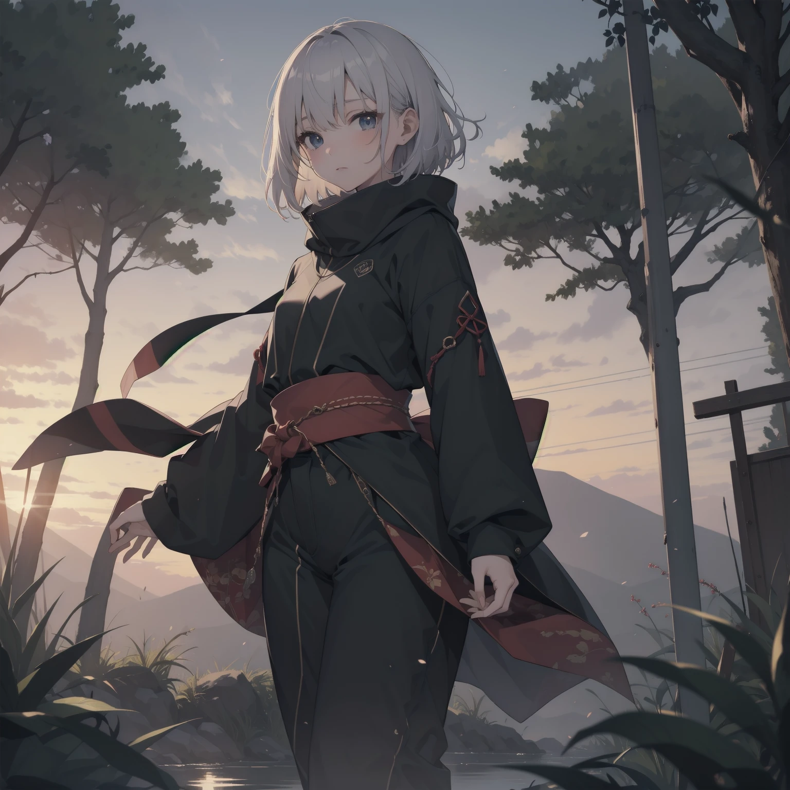 ultra-absurdres-Top quality by artist God, ultra-detailed, high resolution, anime moe artstyle, best anime 8k konachan wallpaper, pixiv contest winner, pool:2810, perfect anatomy,break, 1girl, ninja, (Please draw a ninja girl walking sleepily to forest alone. )break,(Solo,little female, 10-year-old:1.3),Full limbs, complete fingers,(very short hair), short cut, flat chest, thighs, small butt, small black eyes, beautiful detailed eyes, well-proportioned iris and pupils, expressive eyes, highres detailed hair, expressionless, short kimono, scarf, (Detailed Lighting), (Detailed background), night, in the forest. break,super detailed skin, Best cinematic lighting powered by famous artist, 8k,beauty illustration,photoshop_(medium),very aesthetic,break,((artist:ishikei )), artist:clamp ,artist:carnelian ,artist:kantoku ,