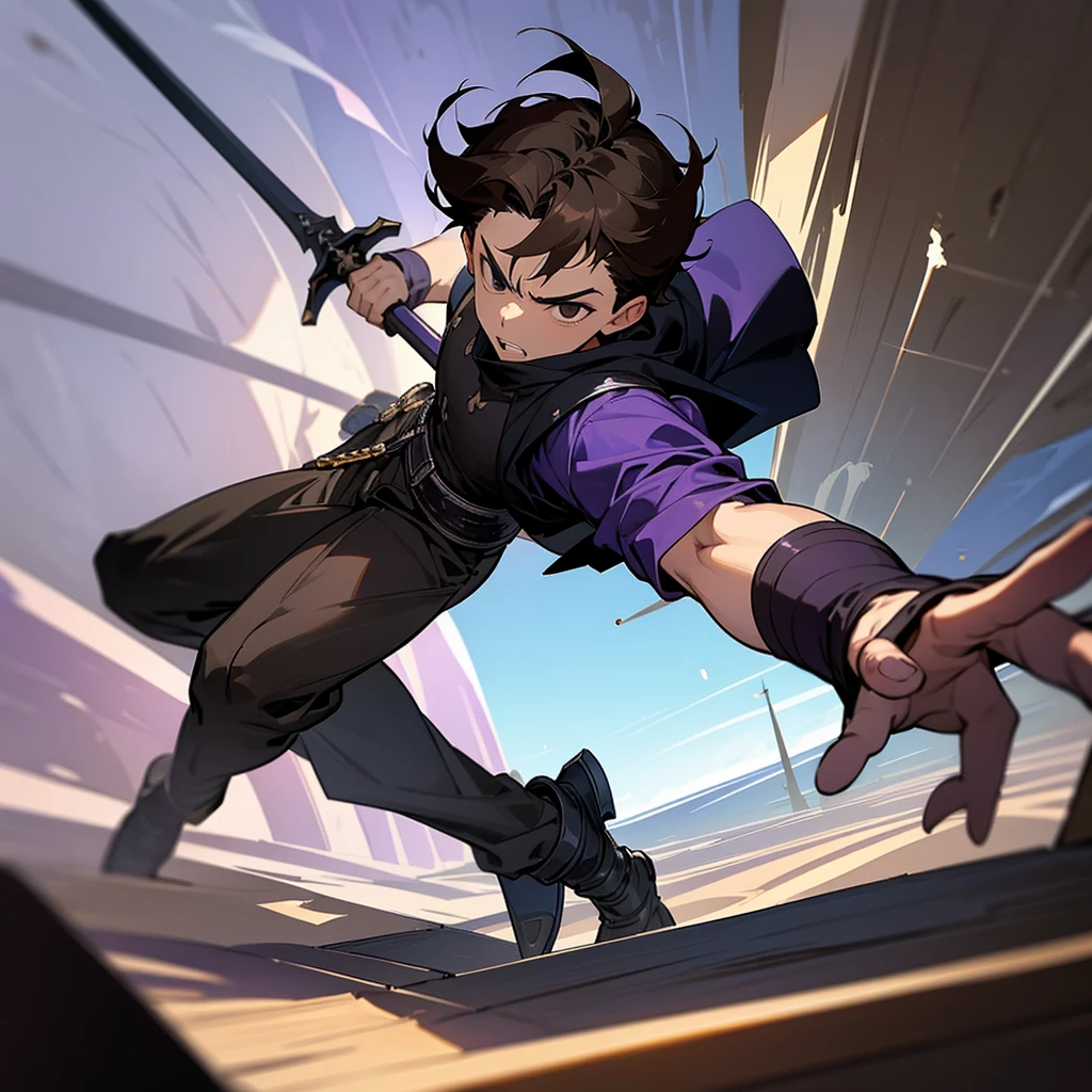 A boy around 20 years old with short light brown hair, black eyes and black and purple clothing. Holding a steel sword with both hands, he is jumping towards an enemy with a stern expression as he glares at his opponent in the arena. The sun is shining down from above.