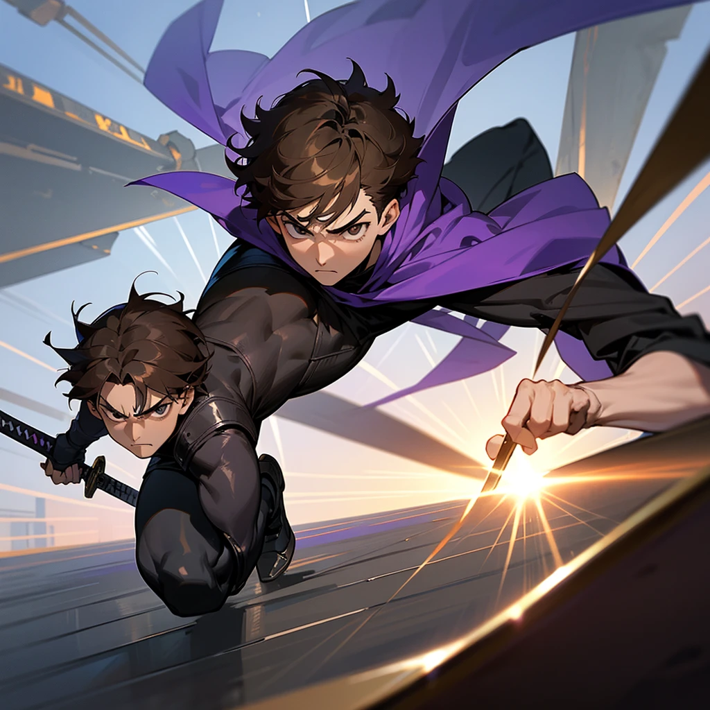 A boy around 20 years old with short light brown hair, black eyes and black and purple clothing. Holding a steel sword with both hands, he is jumping towards an enemy with a stern expression as he glares at his opponent in the arena. The sun is shining down from above.