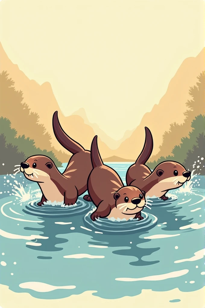 Create an image of a family of otters swimming and playing in a river. with light color background for t-shirt design

