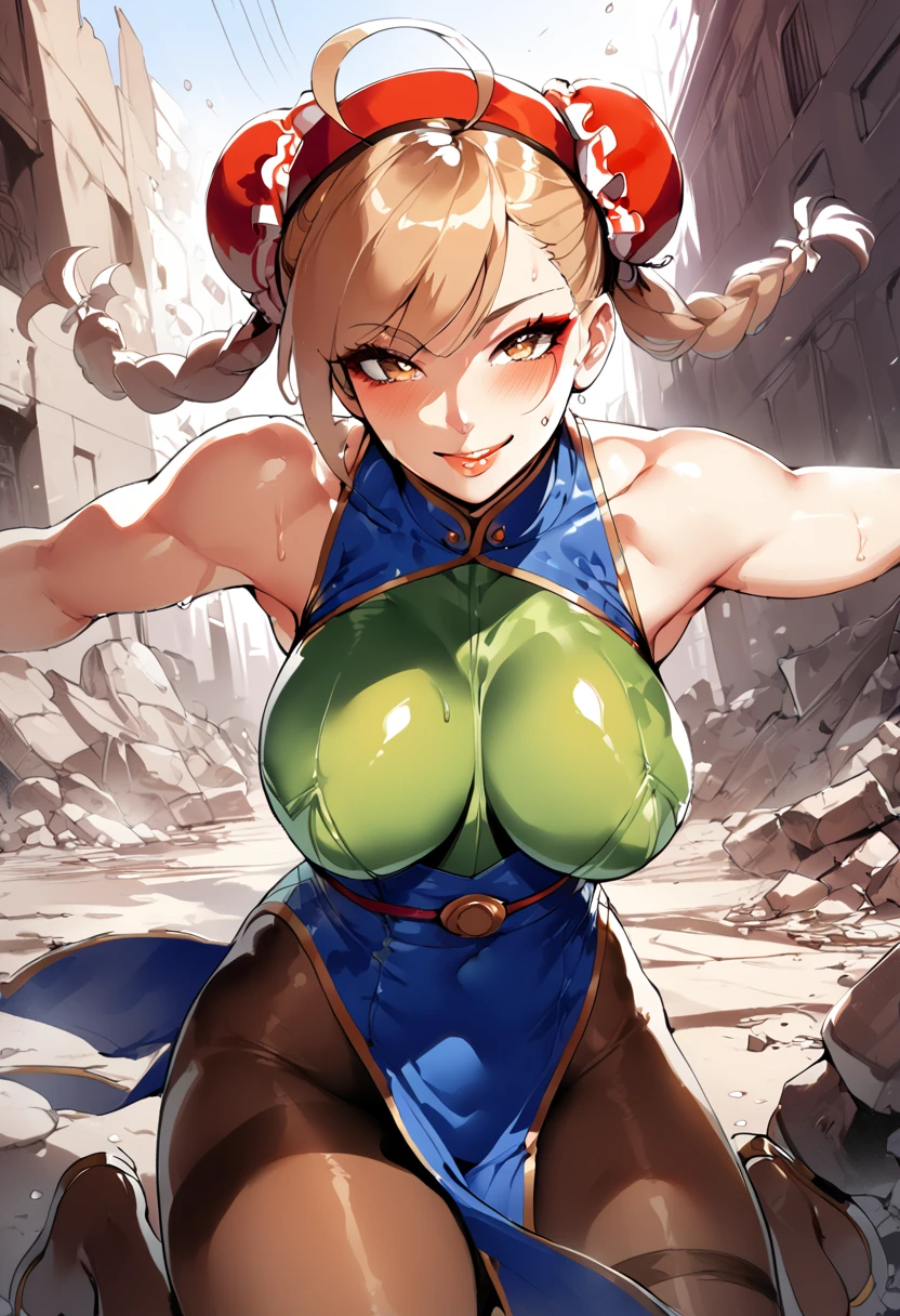 masterpiece,best quality,extreme detail,8k,cammyfn, 1girl, solo, long hair, breasts, blue eyes,brown blonde hair, large breasts, gloves, red hat, braid, ahoge, twin braids, leotard, lips, makeup, beret, scar, antenna hair, nose, harness, huge ahoge, green leotard,sleeveless, sweaty,sweat, exhausted,sleeveless,cross eye, full body , 1girl, (solo:1.2), (jumping:1.3), (mid air:1.3), (cowboy shot:1.5), smile, happy, (masterpiece:1.3), (best quality:1.3), (perfect anatomy:1.4), highly detailed, chun li, brown eyes, short hair, double bun, bun cover, blue dress, pelvic curtain, spiked bracelet, sash, brown pantyhose, (post fight scenery:1.3), rubble, outside, daylight, nyantcha, expressive faces, anime-inspired, (cell shading:1.2), lips, merging
