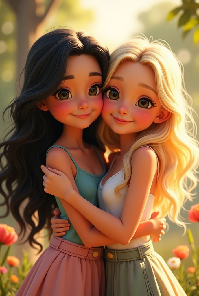 Create a Pixar-like image of two friends, one with long black hair and the other with long blonde hair., white skin color and that they are hugged