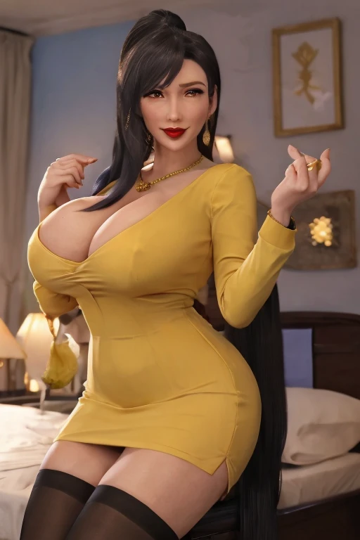 Tifa lockhart, implanted Big breast, long sleeve thin yellow  dress that show body curve with a cleavage,Game,1girl,Jewel ring,Gold chained round shape necklace,Hoopa earring,Bracelet,Red lips,(Dark blue eyeshadow),Big cleavage,hair bun,Beehive Bun style ,black hair,Curvy,Unnatural big breast,Cleavage,black color long nail,Swaying hip,Head to waist view,Sculpted calves figure,Thick tights,Wide hips,very big cleavage,Enchanced big breast,((Diamond wedding ring)),Aristoticat ring, Detailed eyes,Busty,don corneo mansion,Madam tifa,View from front,dangerous cleavage,semi sweetheart cleavage,Solo,looking at you,Dignified expression,Show off cleavage,on the bed,Half naked,horny,opening crotch,1 hand inviting gesture,1hand masturbate,Bee lace panty,Blush,Sweat,open mouth