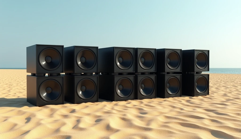 Four rows of three stacked black reggae speakers placed on the sand.