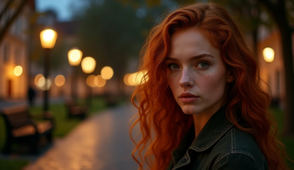Realistic portrait of a beautiful natural red haired adult woman with a mysterious look with herself as the main subject. She has natural light red hair that is long, curly and voluminous, her skin is pale, her face is round with a few freckles, and her eyes are bright honey-colored, characteristic of a natural red haired woman. She is dressed in a beautiful, sophisticated dress and looks at the camera with a penetrating, mysterious gaze, in a nocturnal outdoor setting that suggests a beautiful square with lampposts, trees, grass and benches. The artificial side lighting is warm, highlighting the woman's face and eyes, creating soft shadows and reinforcing the mysterious tone of the scene. The background is blurred to suggest a dimly lit environment and focus on the main subject, with a bokeh effect of a few points of light suggesting street lamps. High-resolution professional photography with extreme detail.