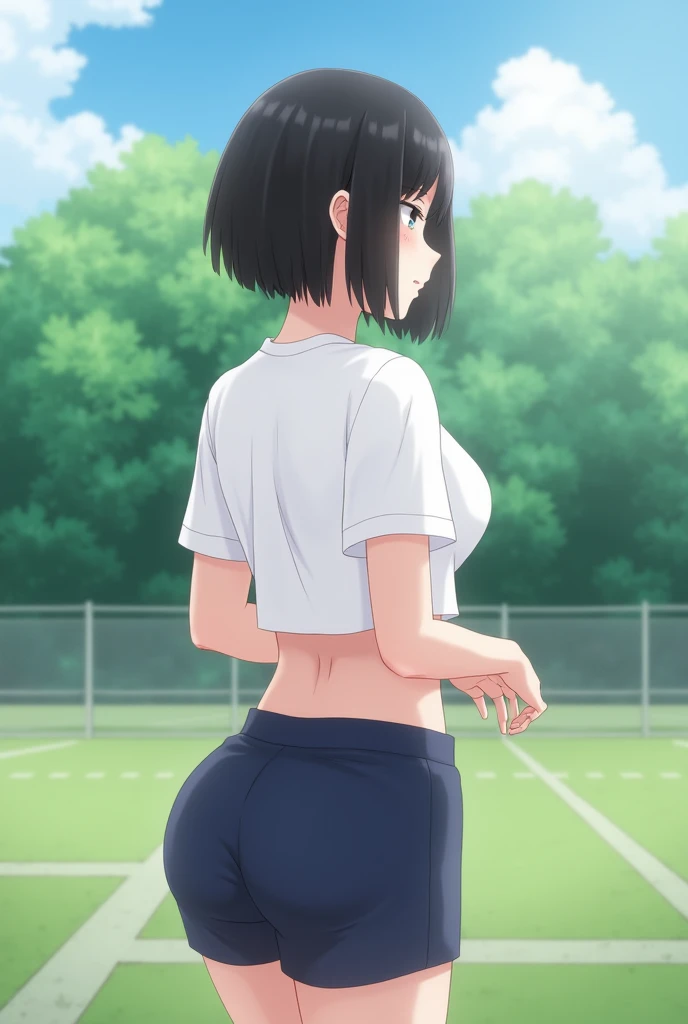   (Masterpiece:1.5),(Highest quality:1.5),(detailsมาก:1.5),(high resolution:1.5),(Realistic:1.5),(Realistic:1.5),(delicate depiction),(Careful description))),8k,wallpapers,BREAK(1 woman),(young japanese woman),(standing),(From before),(Back view, standing),(Short bob),(The upper half of the body is wearing a pure white gym outfit.),(Dark blue shorts:1.6),BREAK(Fine fabric texture:1.3),(thick thighs),(beautiful face,detailed face,,beautiful eyes,beautiful eyes,Beautiful skin,Surface texture:1.3),BREAK(handสวย:1.4),(handที่ละเอียด:1.4),(((jp_buruma))),(Cowboy picture),(front:1.6),(The background is a school field.:1.6),((Blur background:1.6)),(((hand,details,perfect,ความperfect,hand)))