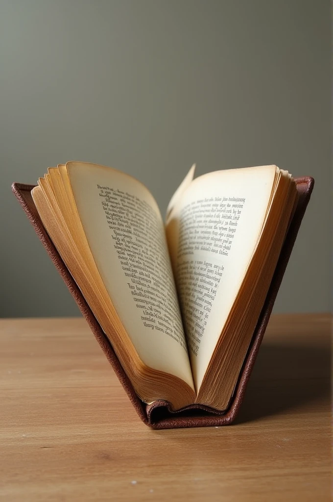 {
"size": "1024x1024",
"prompt": "A detailed image of an open book standing upright on a flat surface. The book is opened at its center, with pages slightly curved. The background is a soft, neutral color to highlight the book. The text on the pages is legible but not specific, representing generic lines of text. Soft shadows fall around the book, giving it a realistic depth. The overall atmosphere is calm and scholarly."
}