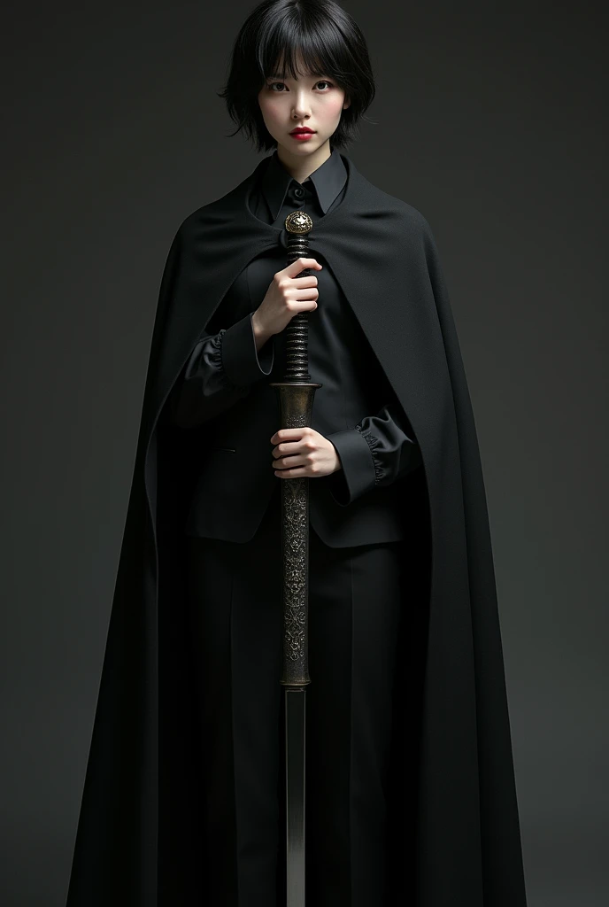 Sakurai Sho lookalike girl、Black Cape、White Shirt、black tie、Black trousers、Holding a sword