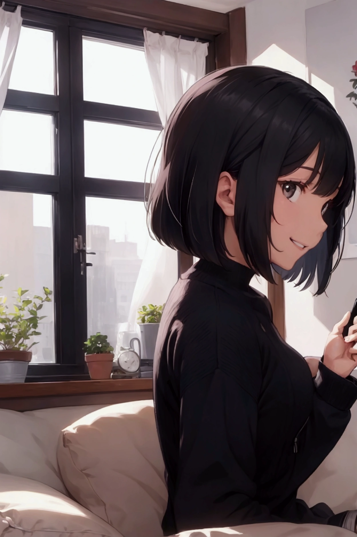 Woman sitting and looking at her smartphone,living room,smile, profile, black hair, bob cut, View Smartphone Screens