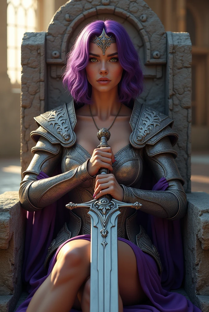 (photorealism:1.2), A pretty woman, sitting on a large, rough, stone throne, armor mesh, posing holding a sword, short wavy hair with a deep purple color, green eyes, deep purple eyebrows, warm skin, elegant silver crown, inside a castle, with sunlight streaming through a window