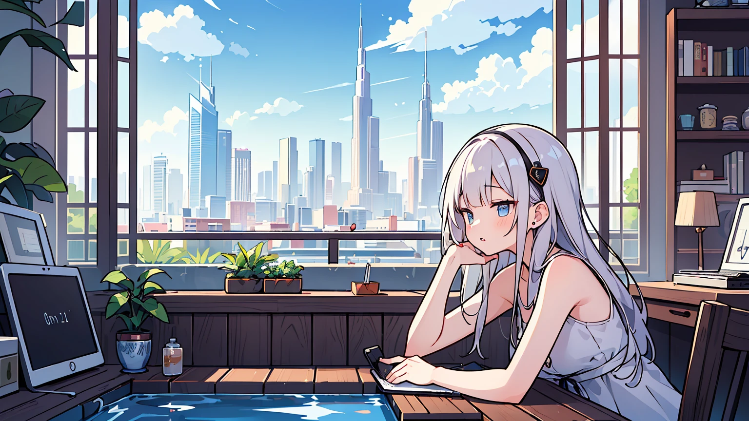 (masterpiece, best quality),1 woman, different hair colors, different faces,letterboxed, perfection of fashion,chapped lips, sleeveless,dress,upper body, from the side,Infinity Pool,cafe,The horizon is reflected,Lounge Chair,marble floor,Advanced Table,With a view of Dubai Tower,Studying at the table,laptop,AirPods Max Headset