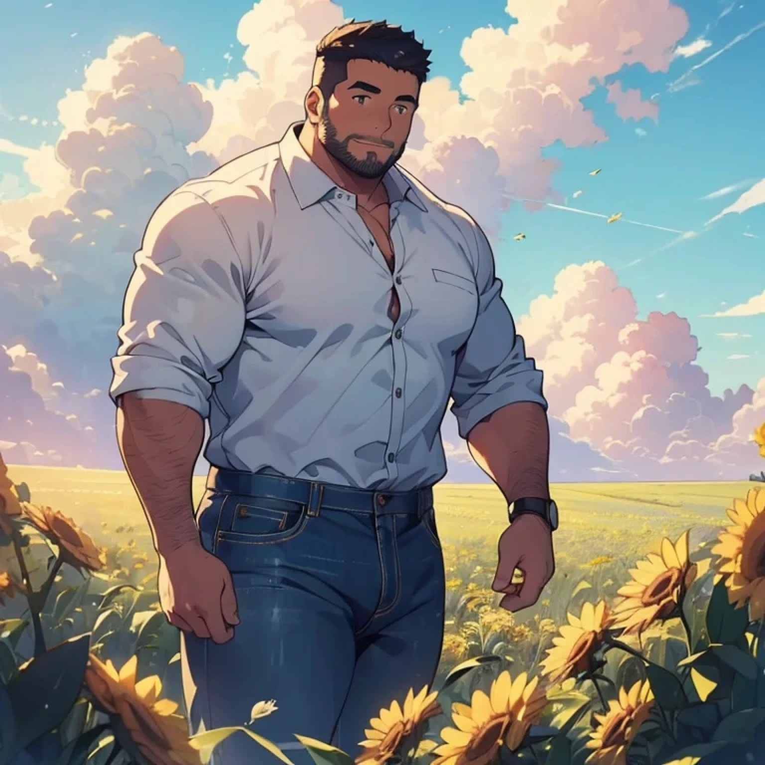 (A wild thick daddy standing in the field : 1.5), 1man, bulky, nerdy, small eyes, (look up the sky: 1.5), Round face, short beard, crew cut hair, dress shirts, blue jeans, white sneakers, masterpiece, (line drawing style:1.2), summer field, cloudy sky, blue sky, (long vertical contrail 1.5), (clear horizon:1.5), from below, perspective, full body shot, long shot, cinematic lighting,