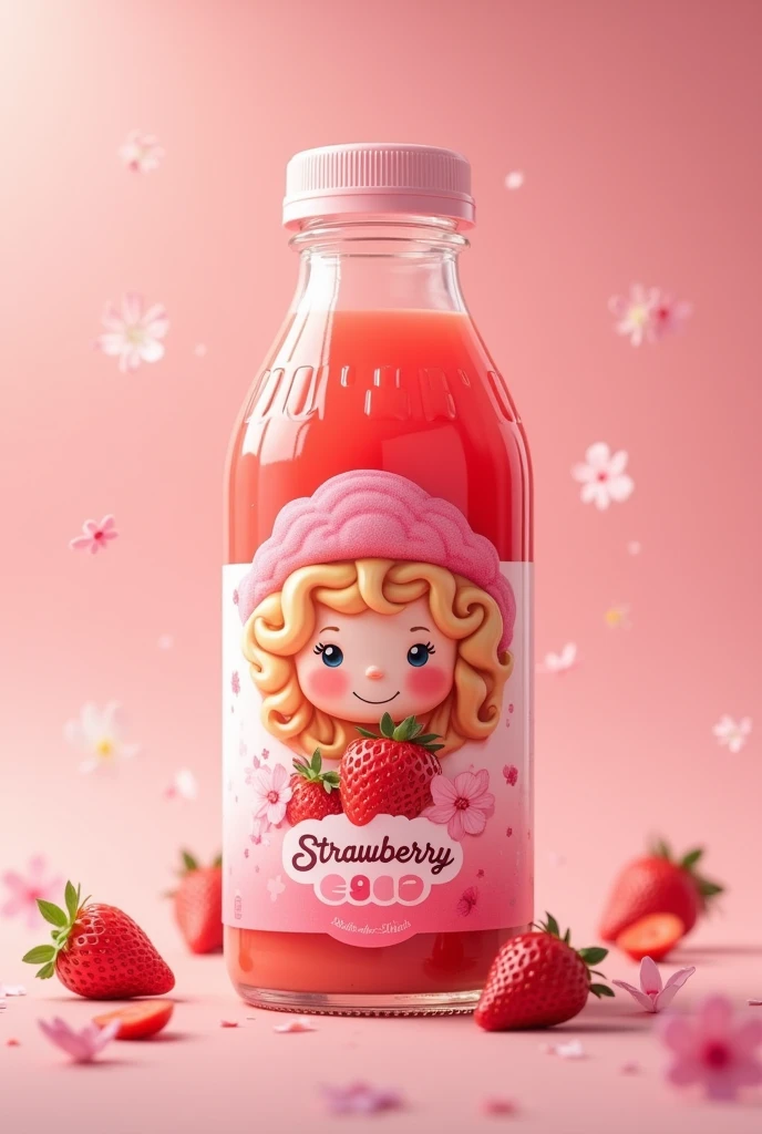  A juice with the Strawberry Shortcake cover, with a plastic lid and the word 'strawberry' written on it. 