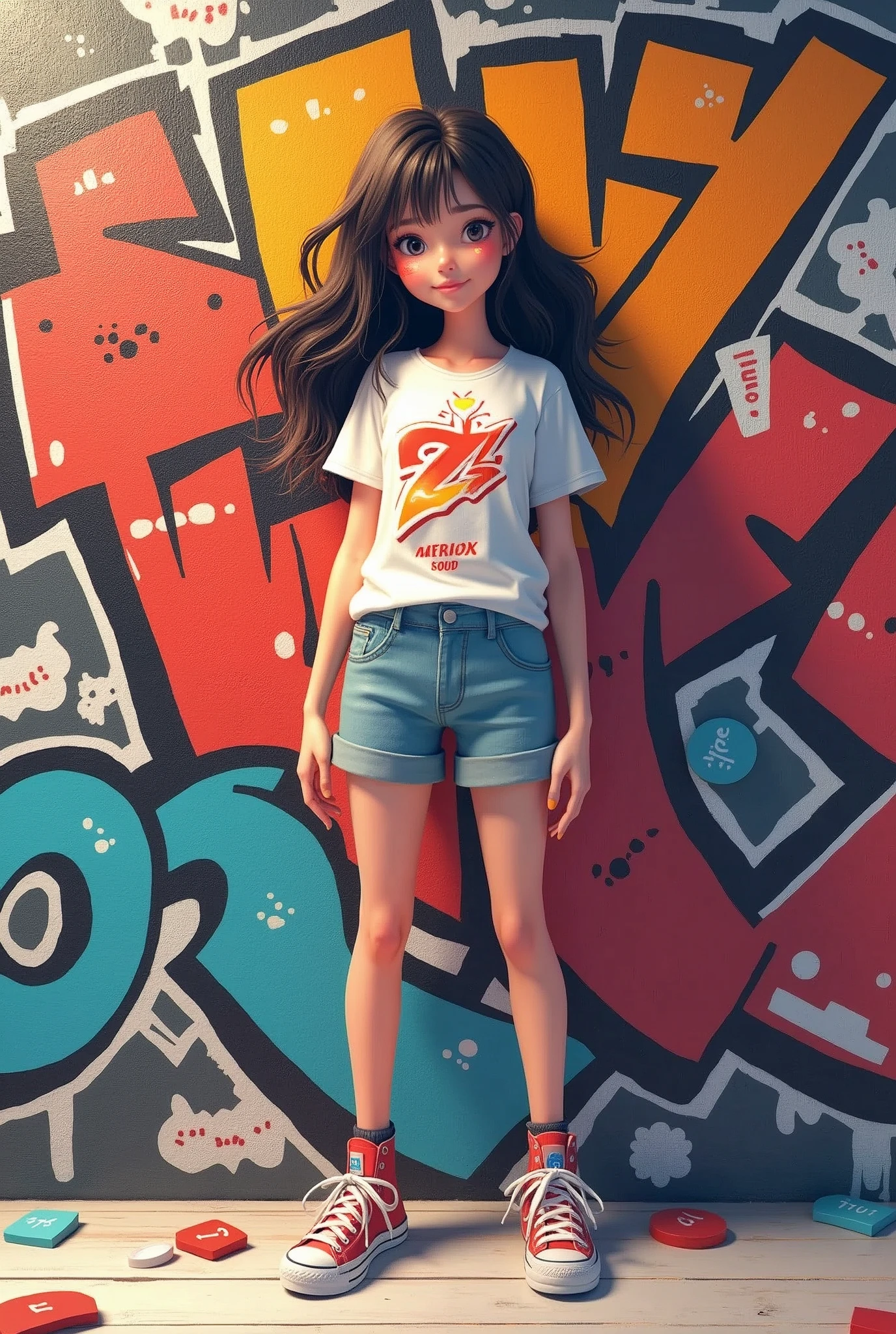 (masterpiece:1.2,Highest quality,High resolution),(Super detailed),8k,wallpaper,(Best illustrations,Anime Style),1 female,dancer,Beautiful Face,front,Are standing,Detailed hands,((The background is a wall with pop graffiti.)),spats,Pop T-shirt,sneakers,(Isometric 3D Diorama:2.0),Matte Paint,Gentle lighting