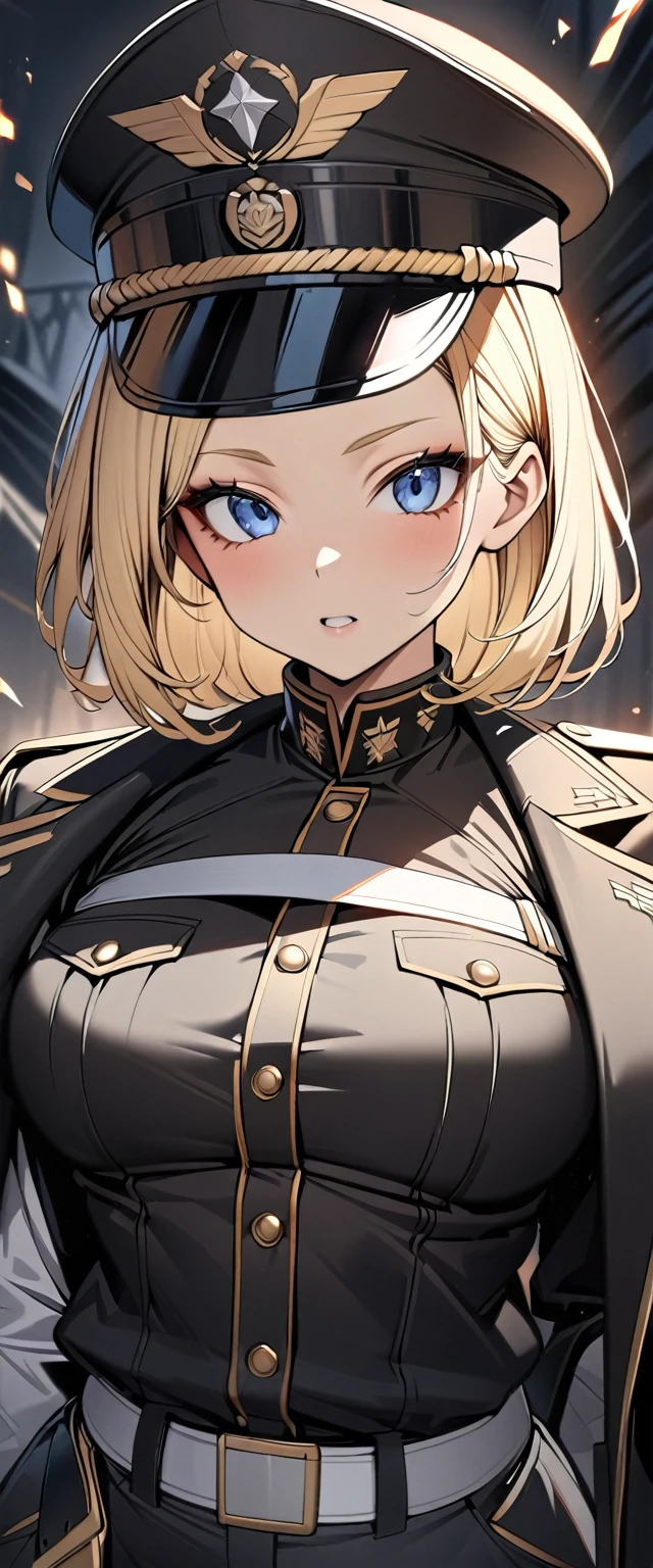 Bobcut　Blonde　forehead　soldier　Nazis　uniform　Officer　陸軍Officer　Black costume　Army Costume　Wearing military gear　Army Caps　Long sleeve　Long trousers　((Shoulder jacket　Jacket on the shoulder　I haven't put my arms through the sleeves of the jacket.))　White shirt　((Loose-fitting clothing))　((Upper Body))　Big eyes　Blue eyes　Mouth closed　Highest quality　Super detailed　detailed woman　High quality　8k　