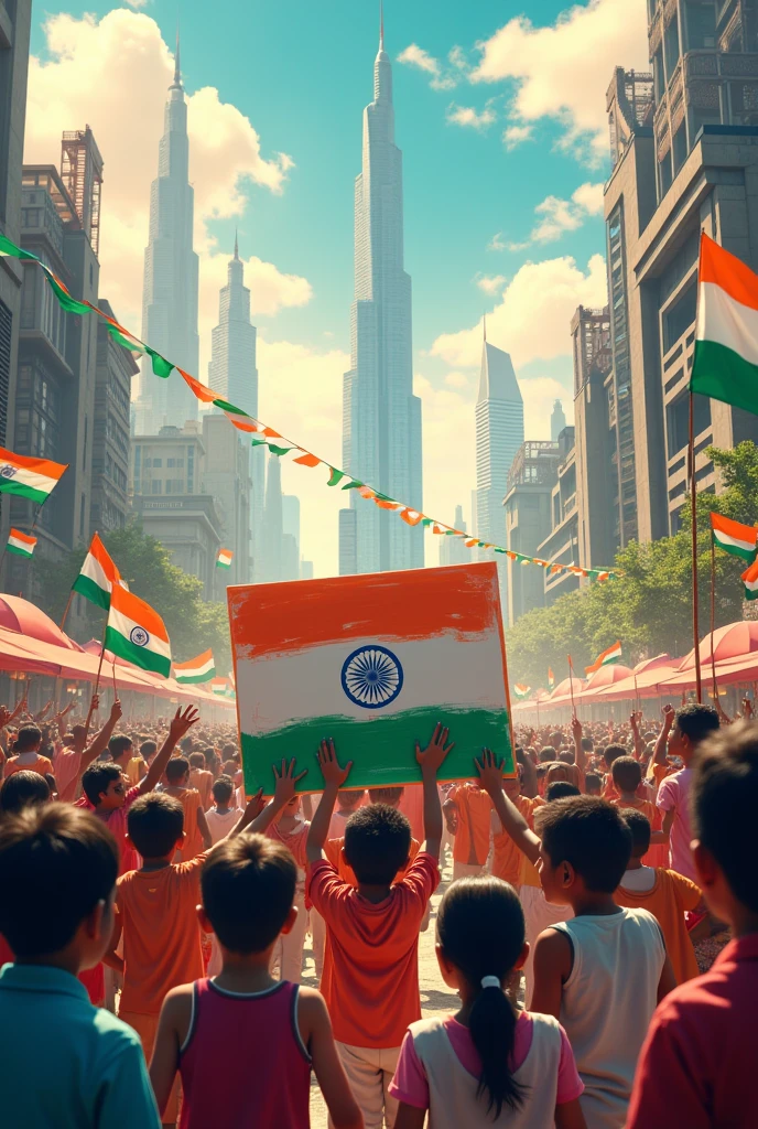 Create an image of technology and development in future, people celebrating with india flag and children doing painting on canvas.