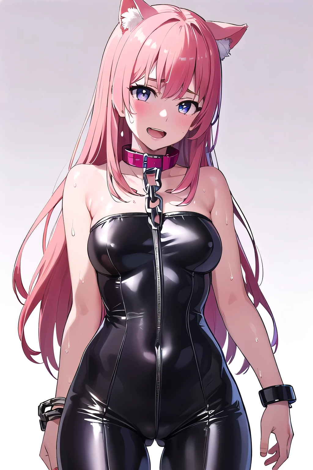(8K, top-quality, masterpiece:1.2), (reallistic, Photorealsitic:1.37), Super Detail, (One girl,), (Highly detailed), (beautifully detailed eyes), (of the highest quality), (super detailed ), (masterpiece), (Detailed face),20yr old, , ((pink hair,long hair)), medium breasts, clothed, Perfect Lighting, BREAK (tight glossy bodysuit:1.2), (white, shiny tights:1.2), (cat ears:1.2), (black, white, grey:1.1), (red, pink:1.1), (cinched waist:1.1), (frills:1.1), (black ribbon:1.1), (Collars:1.2), (Pet Bracelets:1.2) , (silver bracelet:1.1), BRAKE (upperbody to thighs:1.4), (long pink hair:1.1), (smiling:1.1), (facing forward:1.1), (white background:1.3), (soft lighting:1.1), BRAKE (sweat:1.5), (steam:1.2), (masturbation:1.2), (girl trembling with sexual climax:1.1), (looking at viewer:1.3), (open mouth:1.2), (Chains that cling to the body: 1.2), (Collar: 1.3), (Bracelet: 1.3)
,