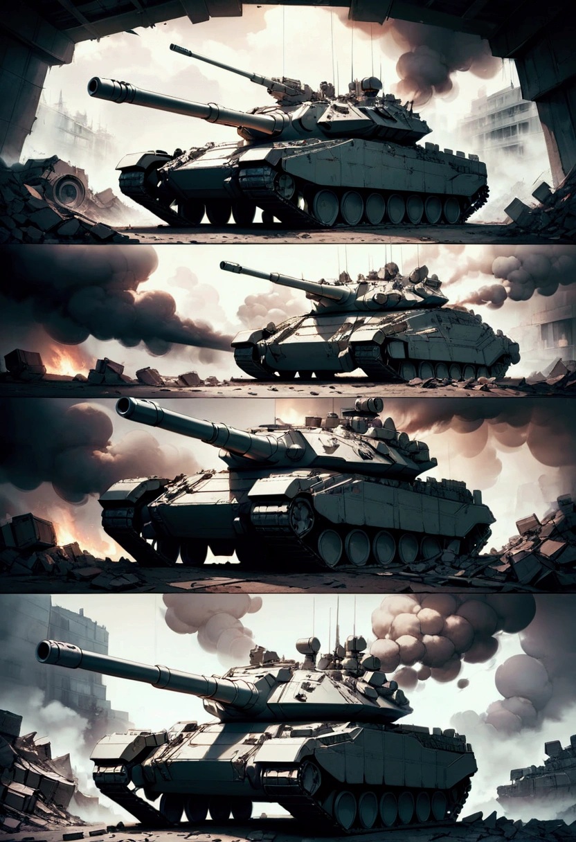 Armored Tank, a heavily armored battle tank, futuristic military vehicle, intricate mechanical details, gleaming metallic surface, imposing silhouette, treads tearing through the earth, advanced targeting systems, powerful cannon, clouds of smoke and debris, gritty war-torn environment, cinematic dramatic lighting, muted color palette, 8k, masterpiece, best quality, very aesthetic, absurdres