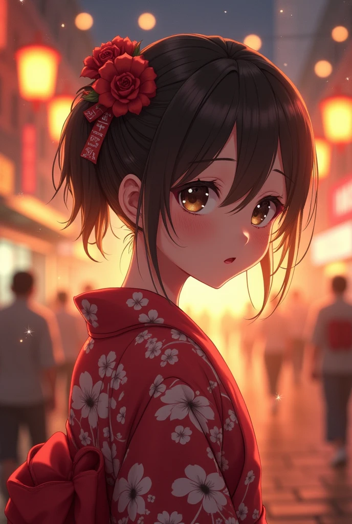 (Highest quality, masterpiece, Ultra-high resolution, (Realistic:1.4), RAW Photos, Depth of written boundary, Professional Lighting, Perfect Anatomy, Very detailed), One girl, 15 years old, The most famous Japanese idols, (((firework, The back view you are looking at))), Wearing a cute, sheer yukata, View your viewers, (((Embarrassing):1.3)), (Very cute face like the most popular Japanese idol, (Very cute and with very big round eyes), Very beautiful hair, (Very beautiful、Highly realistic skins), Very cute long eyelashes, Very cute lips)