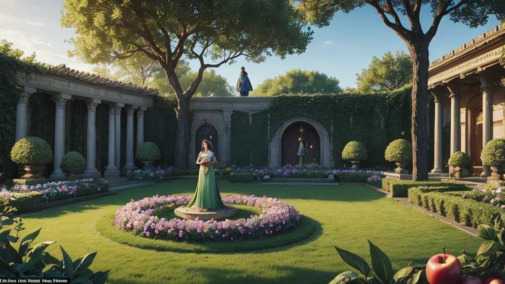a magnificent and divine garden,with aspects of fantasy,with 2 trees in its center,with a woman picking an apple from that tree and a serpent next to her smiling maliciously