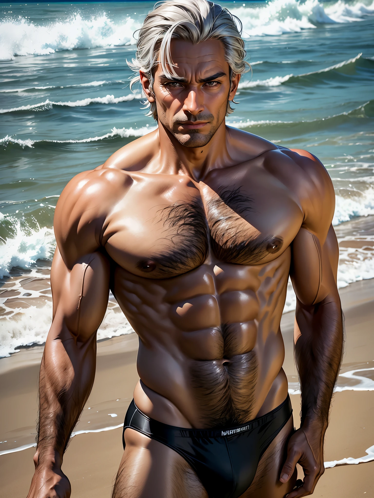 (best quality), 1boy, mature man, tanned skin, silver hair, medium hair, hair loosely combed back, brown eyes, perfect eyes, muscular, handsome, cold expression, black speedo swimwear, beach, clean shaven face, masterpiece, anatomically correct, highres
