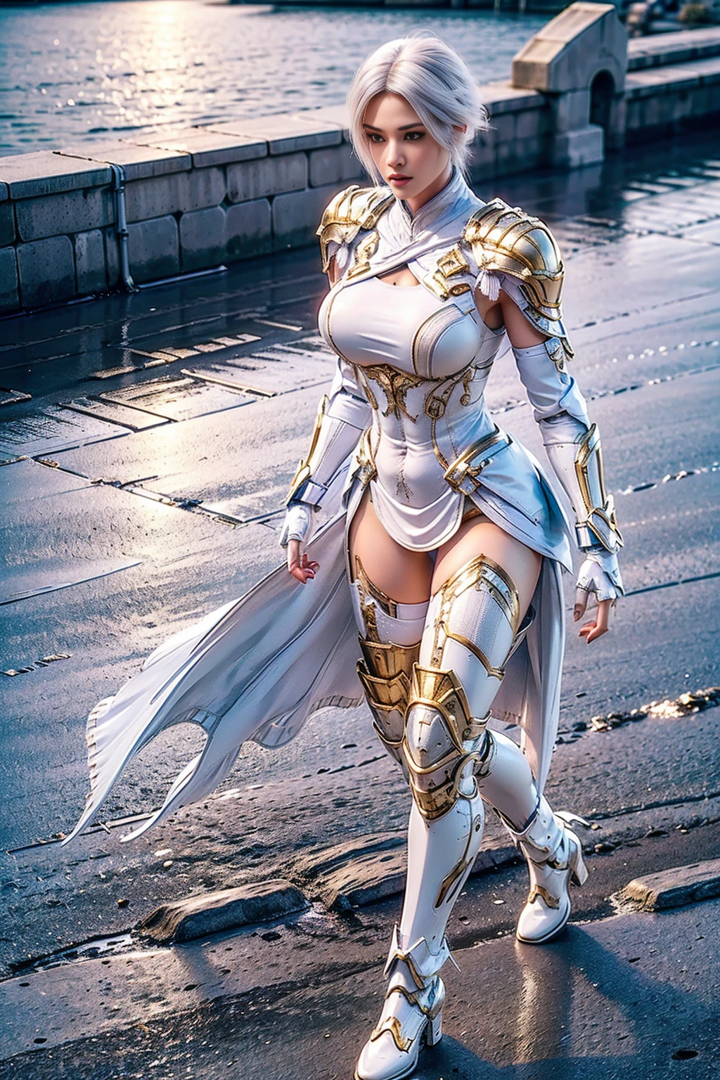 8K, HDR, Extremely realistic textures, Sharp texture, high resolution, best quality. Futuristic Characters, whole body, slim, (slim), tall and big, short hair, White hair, Wear gold mecha armor, white body stockings, Wear pants, boots, Wear (Knee pads), Gloves, shawl. standing perfectly in the castle.