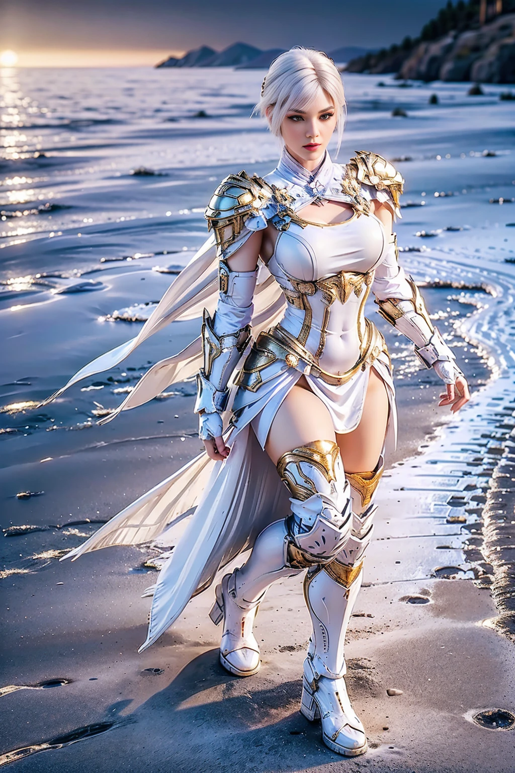 8K, HDR, Extremely realistic textures, Sharp texture, high resolution, best quality. Futuristic Characters, whole body, slim, (slim), tall and big, short hair, White hair, Wear gold mecha armor, white body stockings, Wear pants, boots, Wear (Knee pads), Gloves, shawl. standing perfectly in the castle.