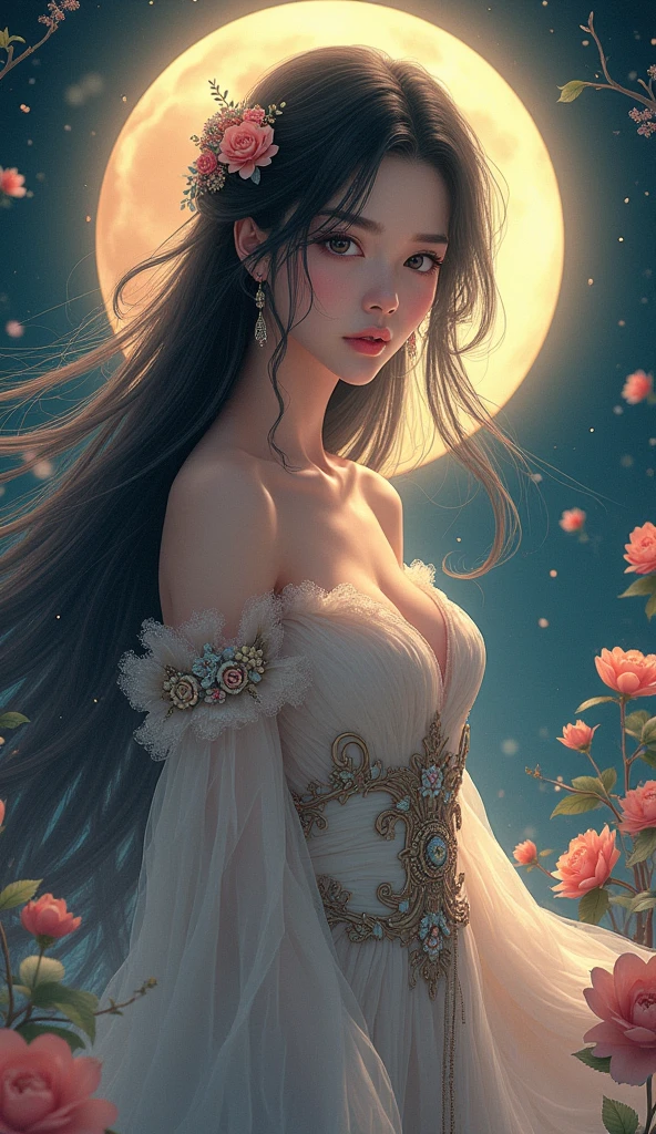 a beautiful anime girl, long flowing hair, detailed facial features, delicate porcelain skin, elegant posture, detailed dress, ornate moon in the background, detailed fantasy landscape, dramatic lighting, cinematic composition, vibrant colors, digital art, highly detailed, intricate details, masterpiece, photorealistic, 8k