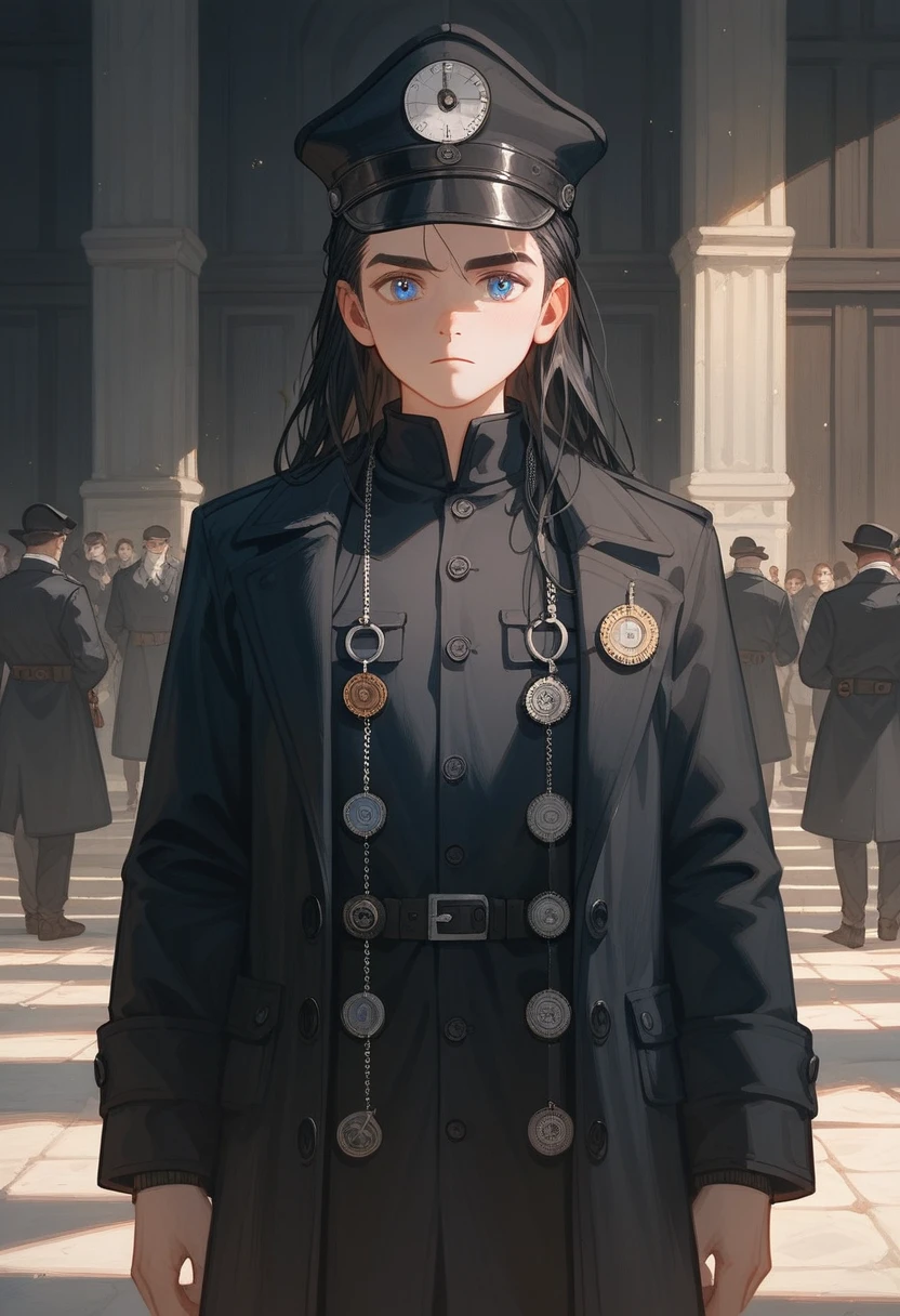 Twelve-year-old boy,Medieval style,Black trench coat,Standing,whole body女恋,stand sideways,Side to the audience,Far from the audience,calm,high quality,8k,Ultra HD,masterpiece,Detailed facial depiction,Blue Eyes,Black Hair,Wearing a detective hat,Scholarly demeanor,young,Preschool,Black trench coat,whole body,Preschool,Pocket watch in hand,Fluffy long hair,(Facing the audience sideways)