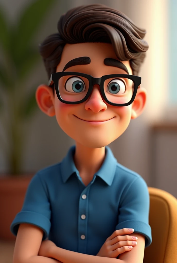 Cartoon character of a man in black glasses and blue shirt, an animated character, stylized character, animation style rendering, 3d stylized, Arnold Maya rendering, Stylized 3D rendering, toon render screenshot, 3d character, 3d character, Stylized 3D rendering, 3D character rendering, cartoon character, Personagem de close up, character posing, (Pixar-style) (master part:1.2) (bokeh) (best qualityer) (skin detailed) (detailed texture) (8k) (Argilla) (cinematic lighting) (sharp focus，Sit down and lift your upper body