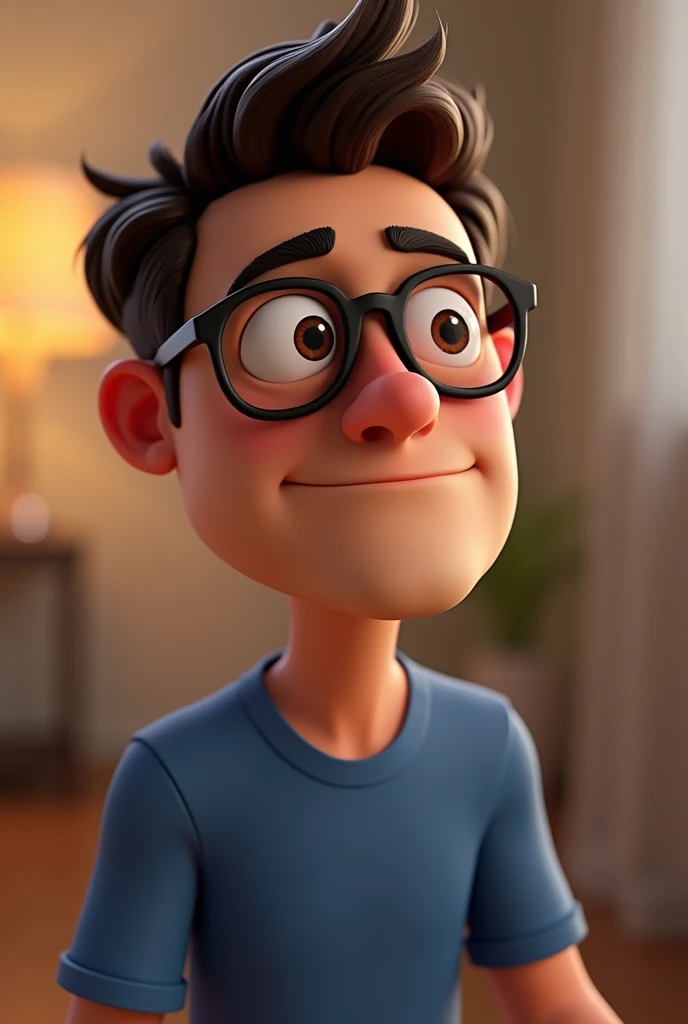 Cartoon character of a man in black glasses and blue shirt, an animated character, stylized character, animation style rendering, 3d stylized, Arnold Maya rendering, Stylized 3D rendering, toon render screenshot, 3d character, 3d character, Stylized 3D rendering, 3D character rendering, cartoon character, Personagem de close up, character posing, (Pixar-style) (master part:1.2) (bokeh) (best qualityer) (skin detailed) (detailed texture) (8k) (Argilla) (cinematic lighting) (sharp focus,Sit down and lift your upper body