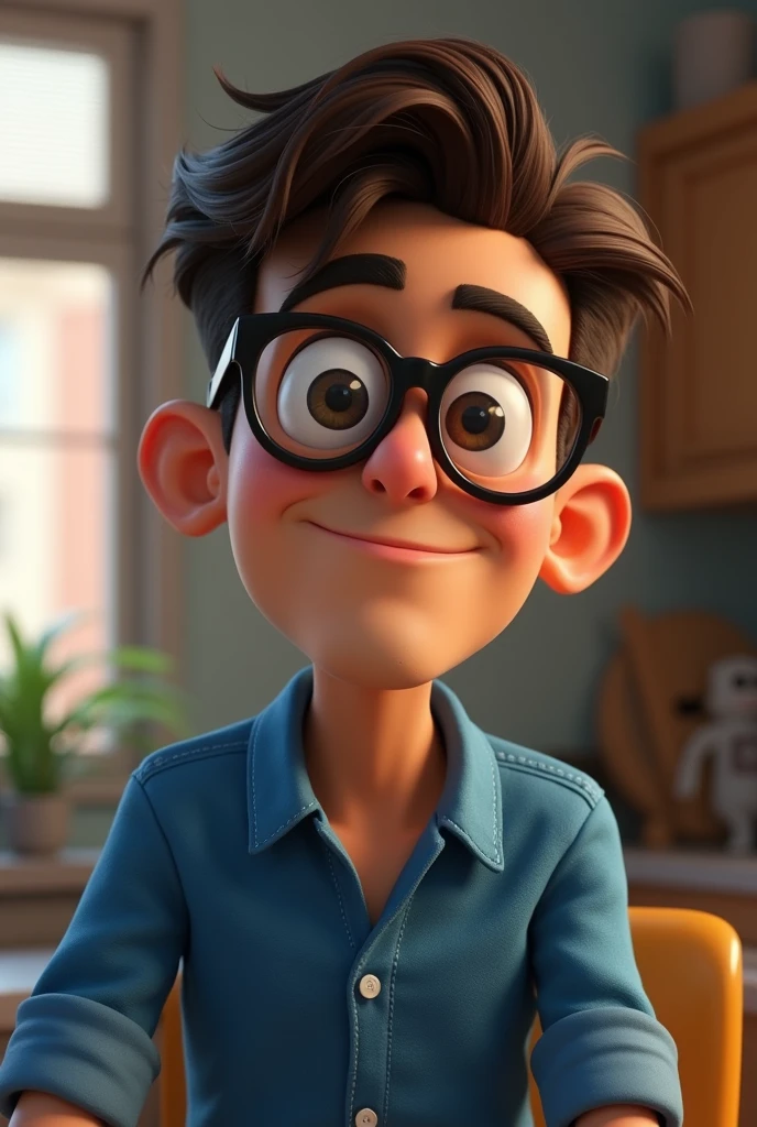 Cartoon character of a man in black glasses and blue shirt, an animated character, stylized character, animation style rendering, 3d stylized, Arnold Maya rendering, Stylized 3D rendering, toon render screenshot, 3d character, 3d character, Stylized 3D rendering, 3D character rendering, cartoon character, Personagem de close up, character posing, (Pixar-style) (master part:1.2) (bokeh) (best qualityer) (skin detailed) (detailed texture) (8k) (Argilla) (cinematic lighting) (sharp focus,Sit down and lift your upper body