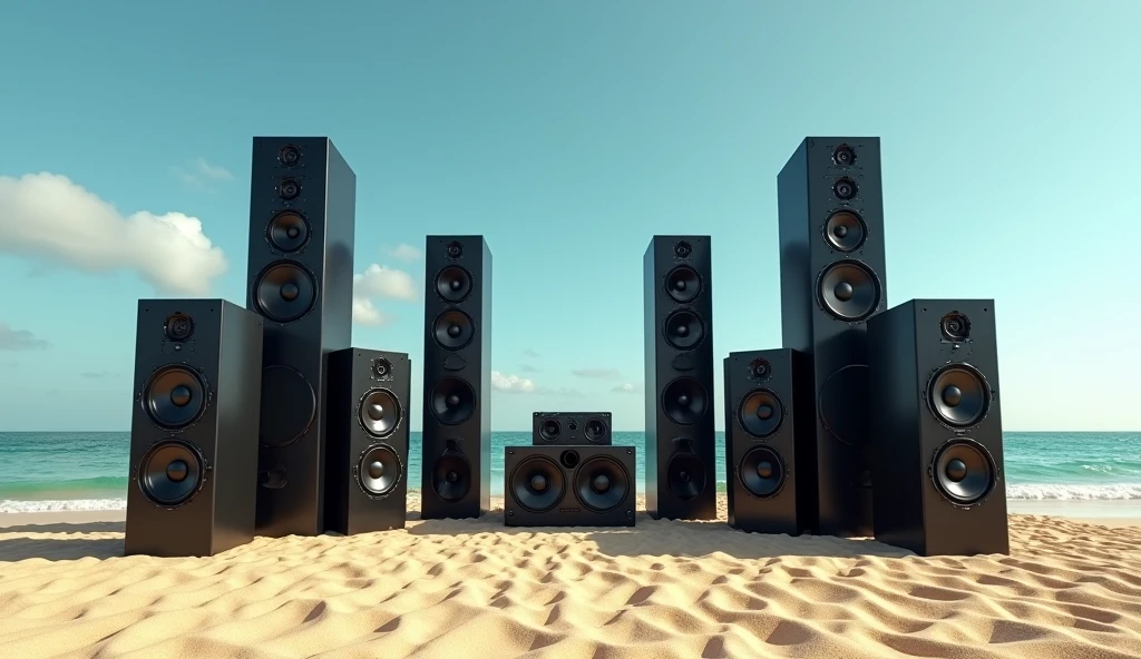 Black reggae speakers stacked three high in four rows on a sandy beach