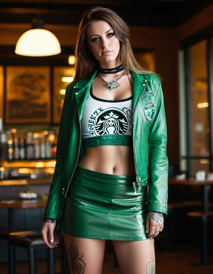 summer，hot，Lazy afternoon，full body portrait，original photo，A sexy girl with long brown hair,Starbucks，(((sweat:1.1)))， green leather jacket，Slip apron，short skirt，rim light，lace choker， clavicle， beautiful face，tattoos on the arms，((Small cleavage))，belly button， Thin waist and wide hips，(((long legs)))，Idol， depth of field， tilt， reflective，lifelike, ultra high resolution, high quality，soft light，best quality，masterpiece，8K，Super real，(film grain, Color difference, sharp focus, in the darkness, deep shadow, low profile, cold light, sexy look). portrait style, Luxury Business
