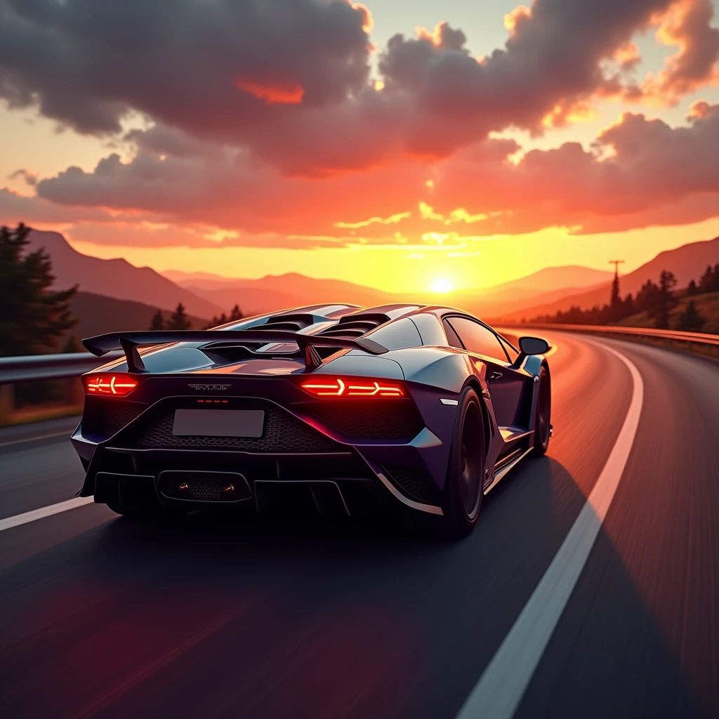 Rear shot of a sport car on the road with a sunset in the background