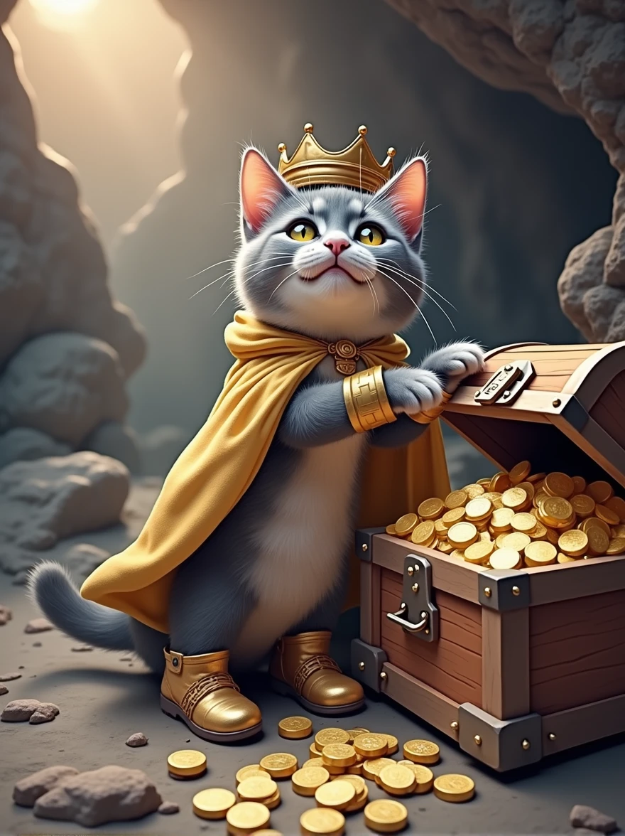 The scene is inside the cave, in front of a treasure chest. The cat take off the exploration equipment and leave it aside, wearing a golden cape, a crown on its head, and shiny little boots. It opens the treasure chest, which is filled with gleaming gems and coins. The cat’s eyes are full of delight.