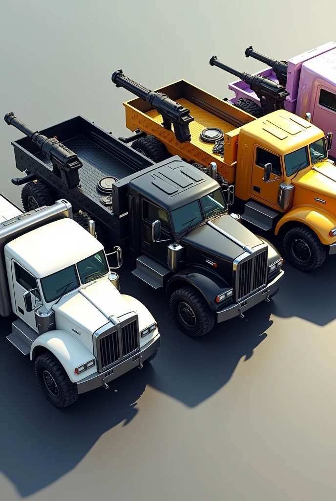 Imagine 1 white truck, 1 black truck, 1 yellow truck and 1 white truck with purple and they have guns on the sides
