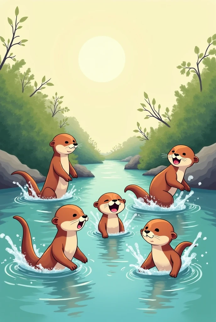 Create an image of a family of ottuers swimming and playing in a river. with light color background for t-shirt design
Lion