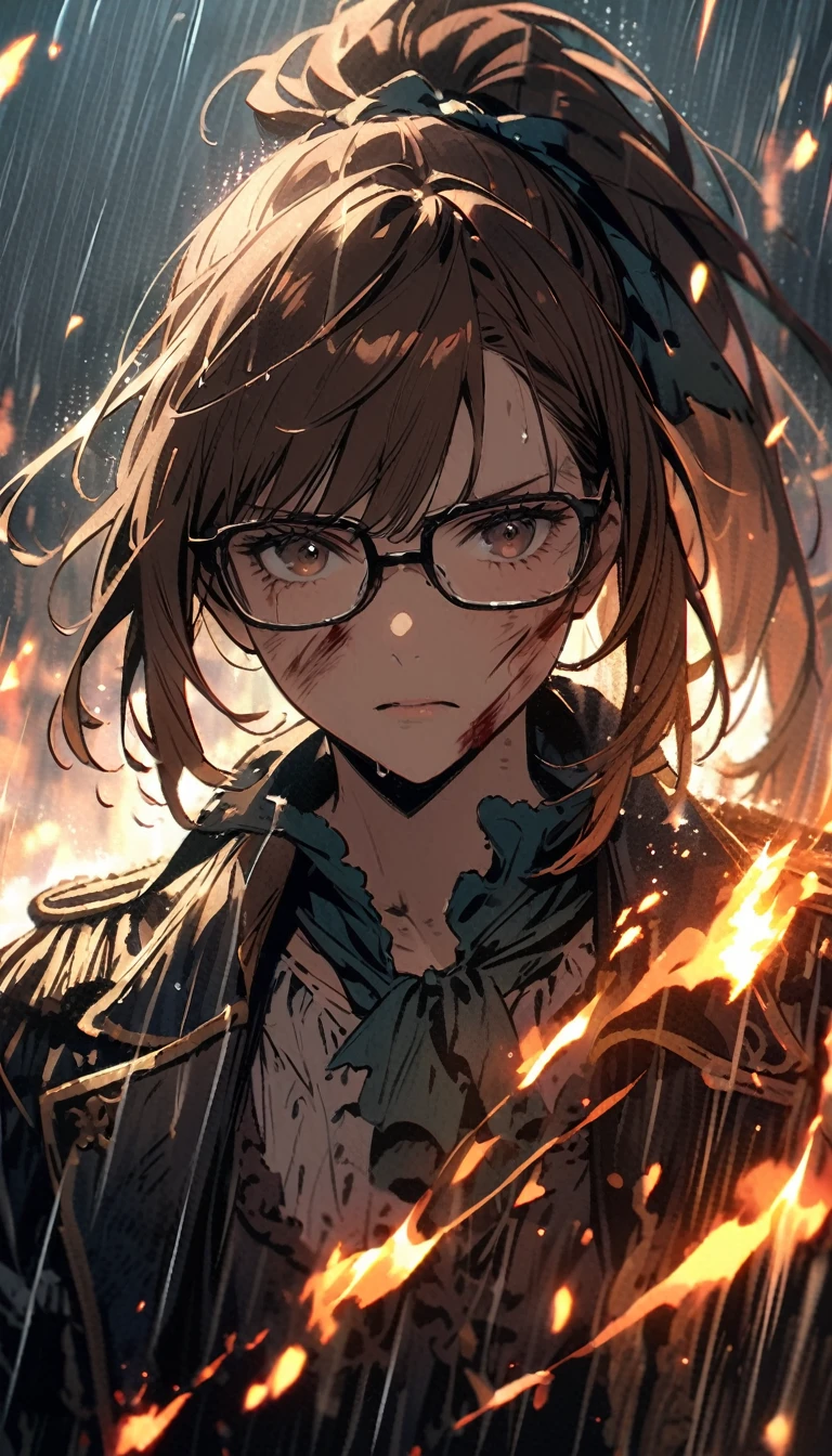 beaten up,buffed,bleed,determined,glasses,ponytail,pirate,pirate girl,brown hair,wound,bruises,broken glasses,cold colors,detailed,brown eyes,rain,fire particles