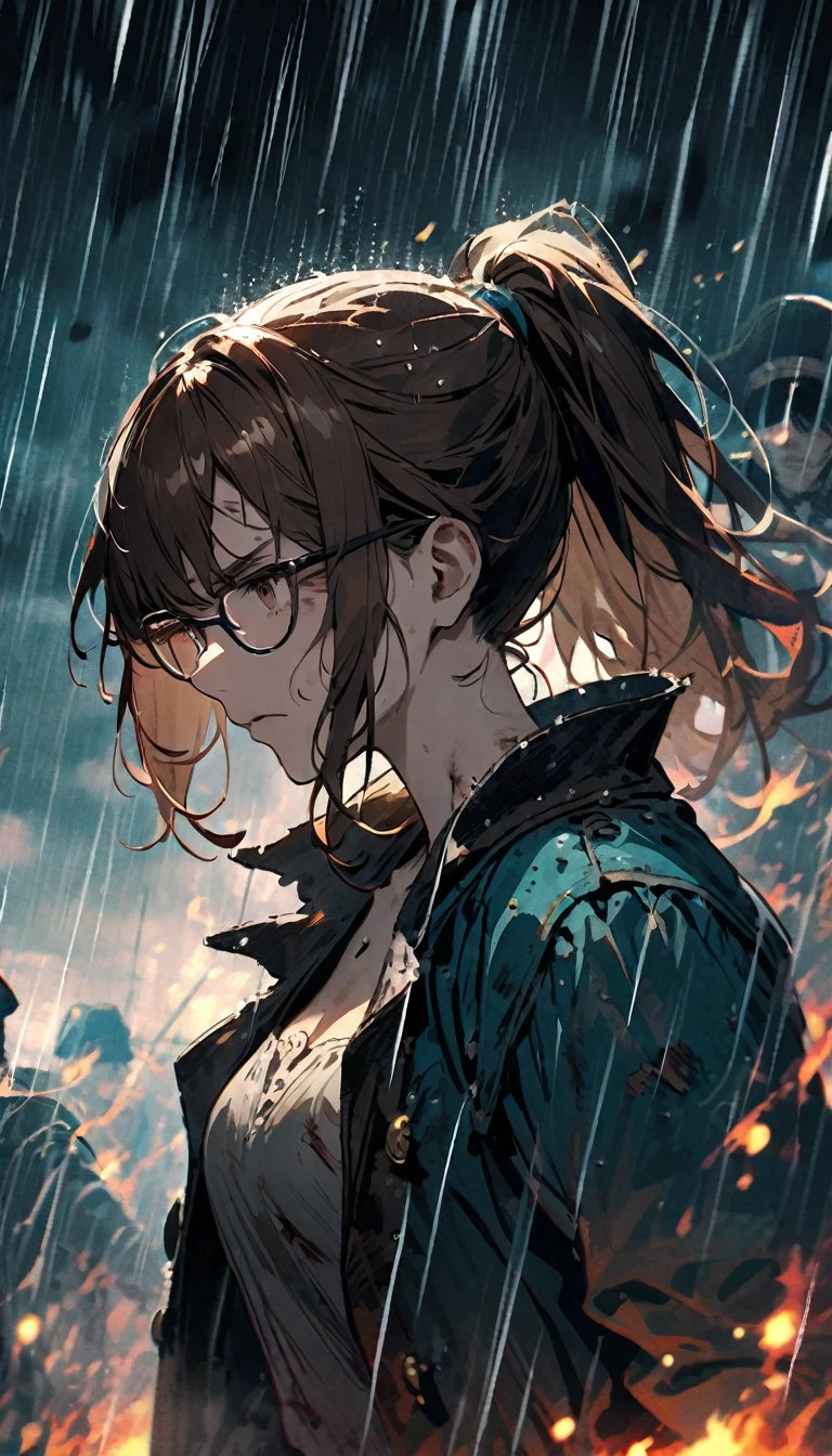 beaten up,buffed,bleed,determined,glasses,ponytail,pirate,pirate girl,brown hair,wound,bruises,broken glasses,cold colors,detailed,brown eyes,rain,fire particles