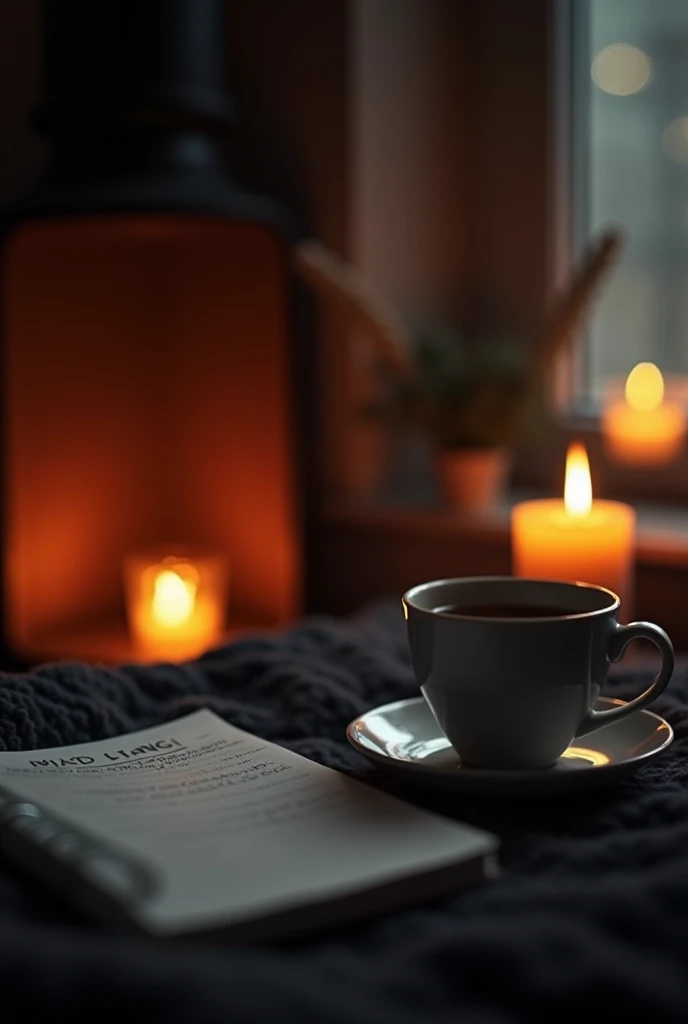 A calming image of a cozy, dimly lit space with soft lighting, a cup of tea or coffee, a journal, and maybe a candle burning, symbolizing self-care and relaxation before the week starts. Man cave.